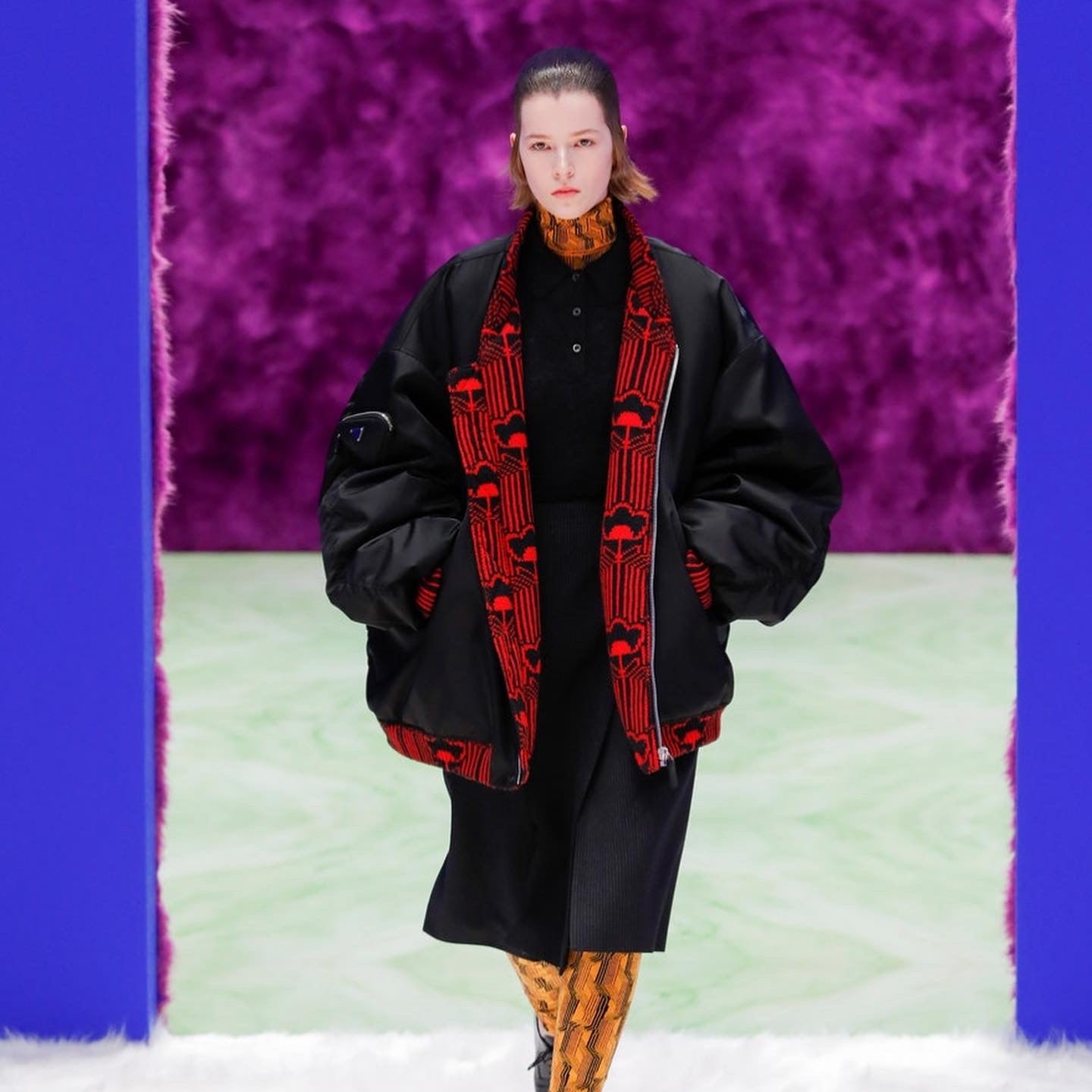 Prada FW21 Raf Simons Runway Re-Nylon Wool Knit Oversized Bomber Jacket Black Red