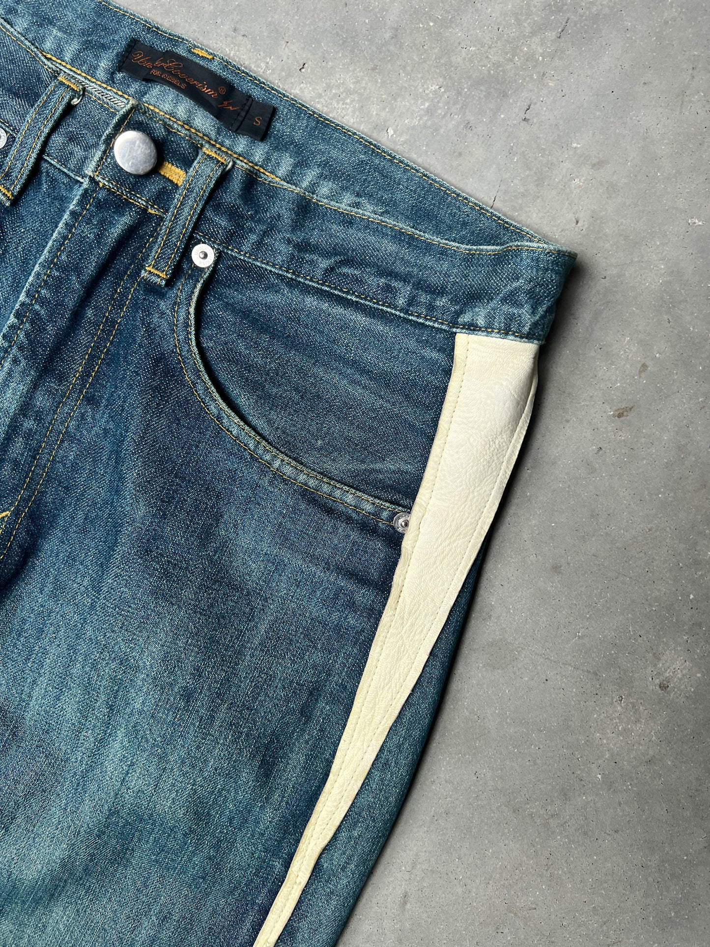 Undercover x Fragment AW02 Leather Side Stripe Denim Jeans