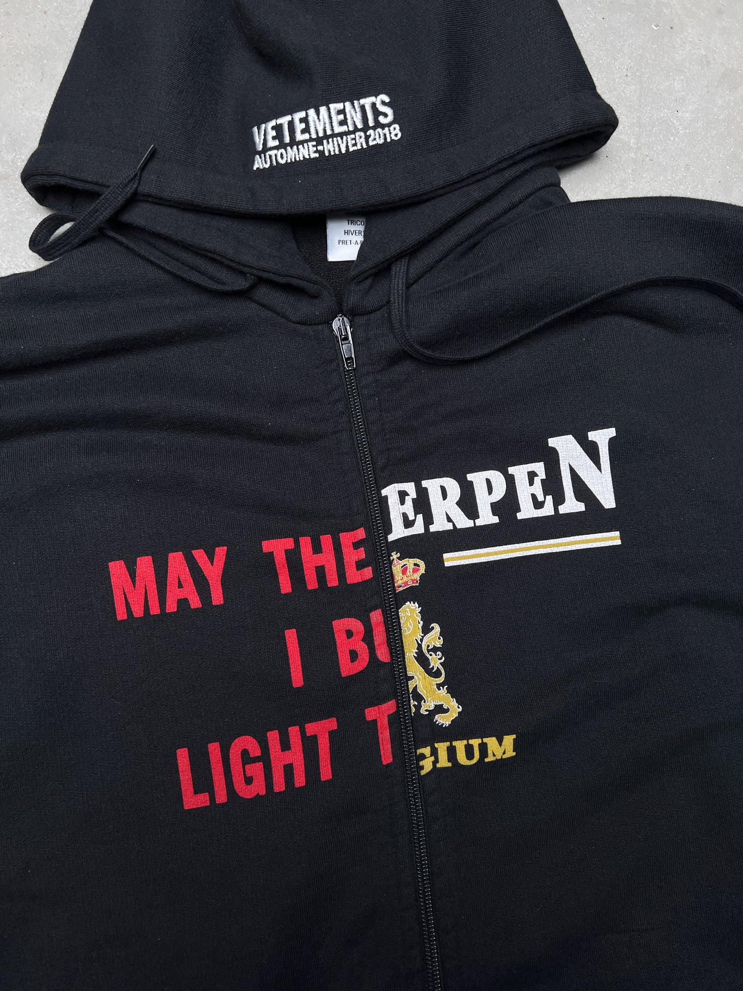 VETEMENTS FW18 May The Bridges I Burn Light The Way / Antwerpen Zip Up Hoodie