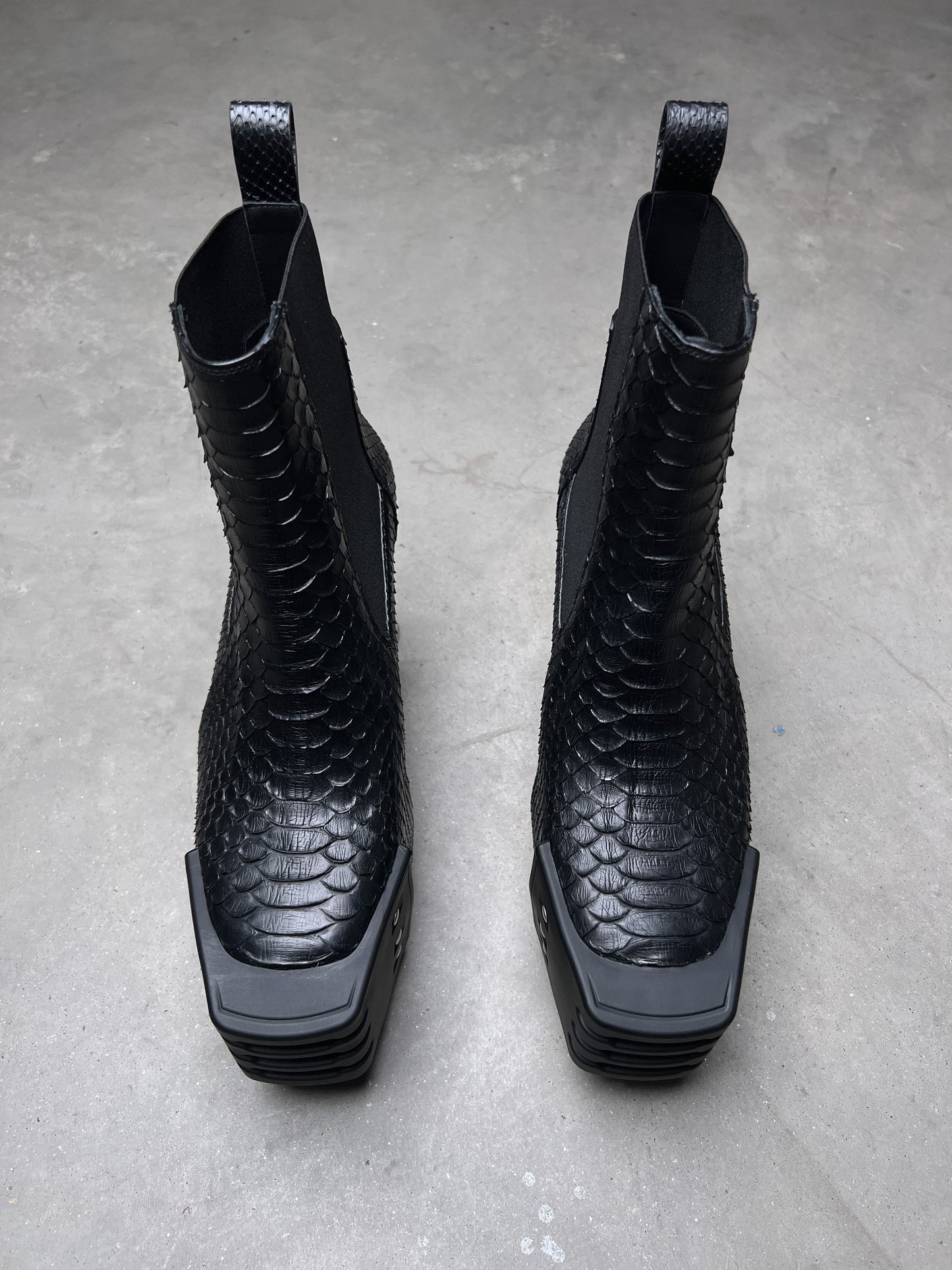 Rick Owens FW22 STROBE Beatle Platform Kiss Heel Boots Black Python