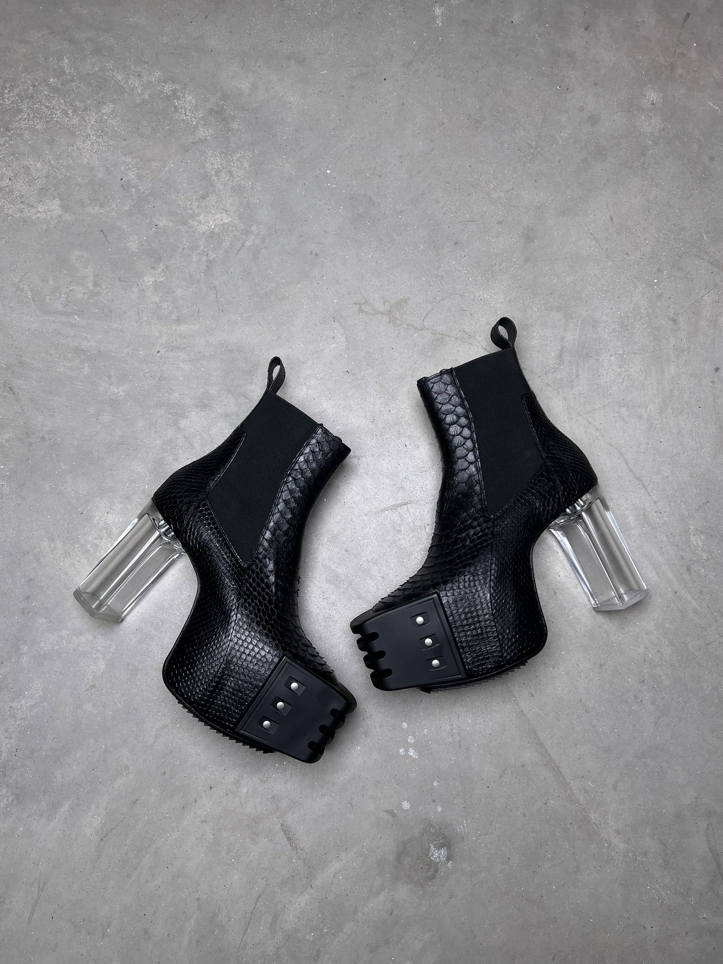Rick Owens FW22 STROBE Beatle Platform Kiss Heel Boots Black Python