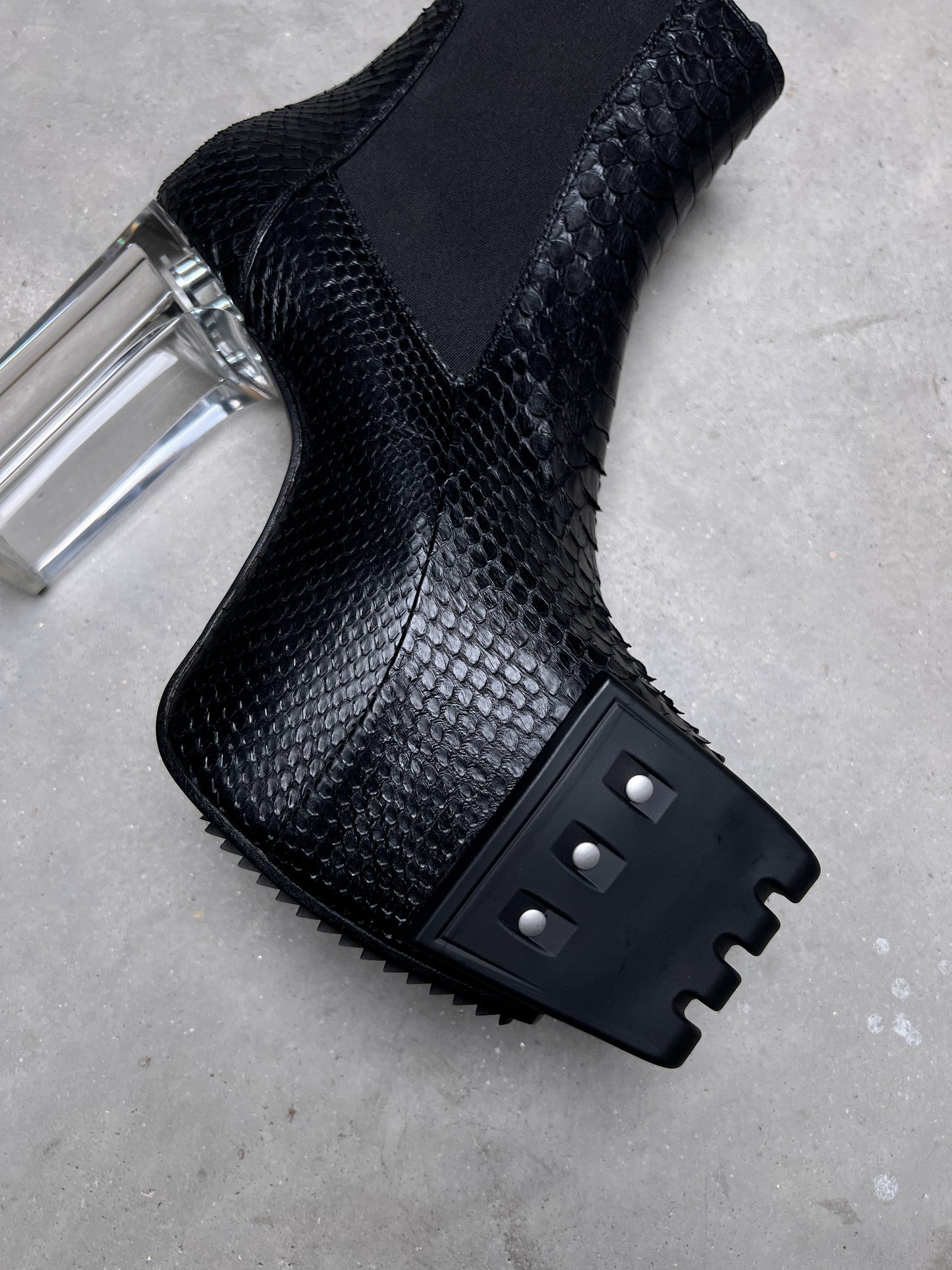 Rick Owens FW22 STROBE Beatle Platform Kiss Heel Boots Black Python