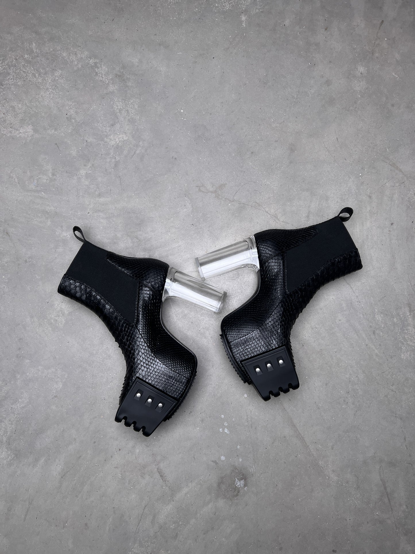 Rick Owens FW22 STROBE Beatle Platform Kiss Heel Boots Black Python
