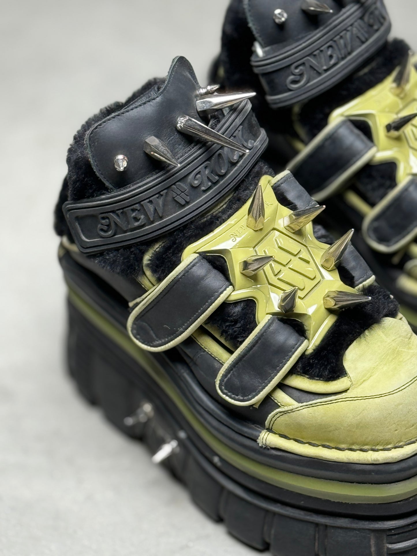 New Rock x Dominnico Spiked Platform Boots Green Black