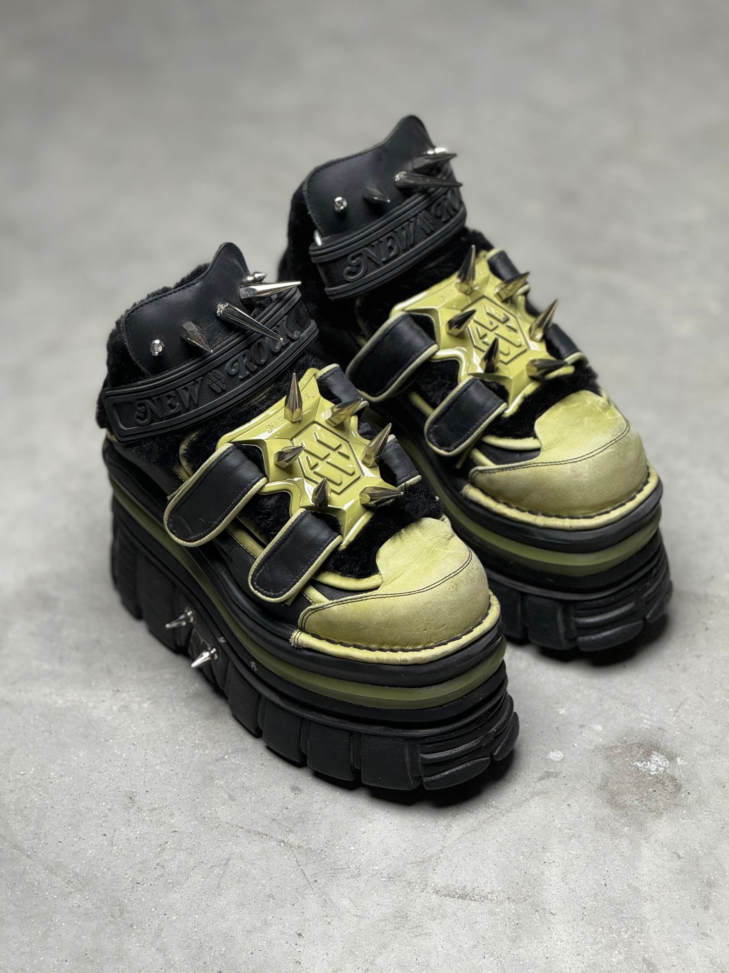 New Rock x Dominnico Spiked Platform Boots Green Black
