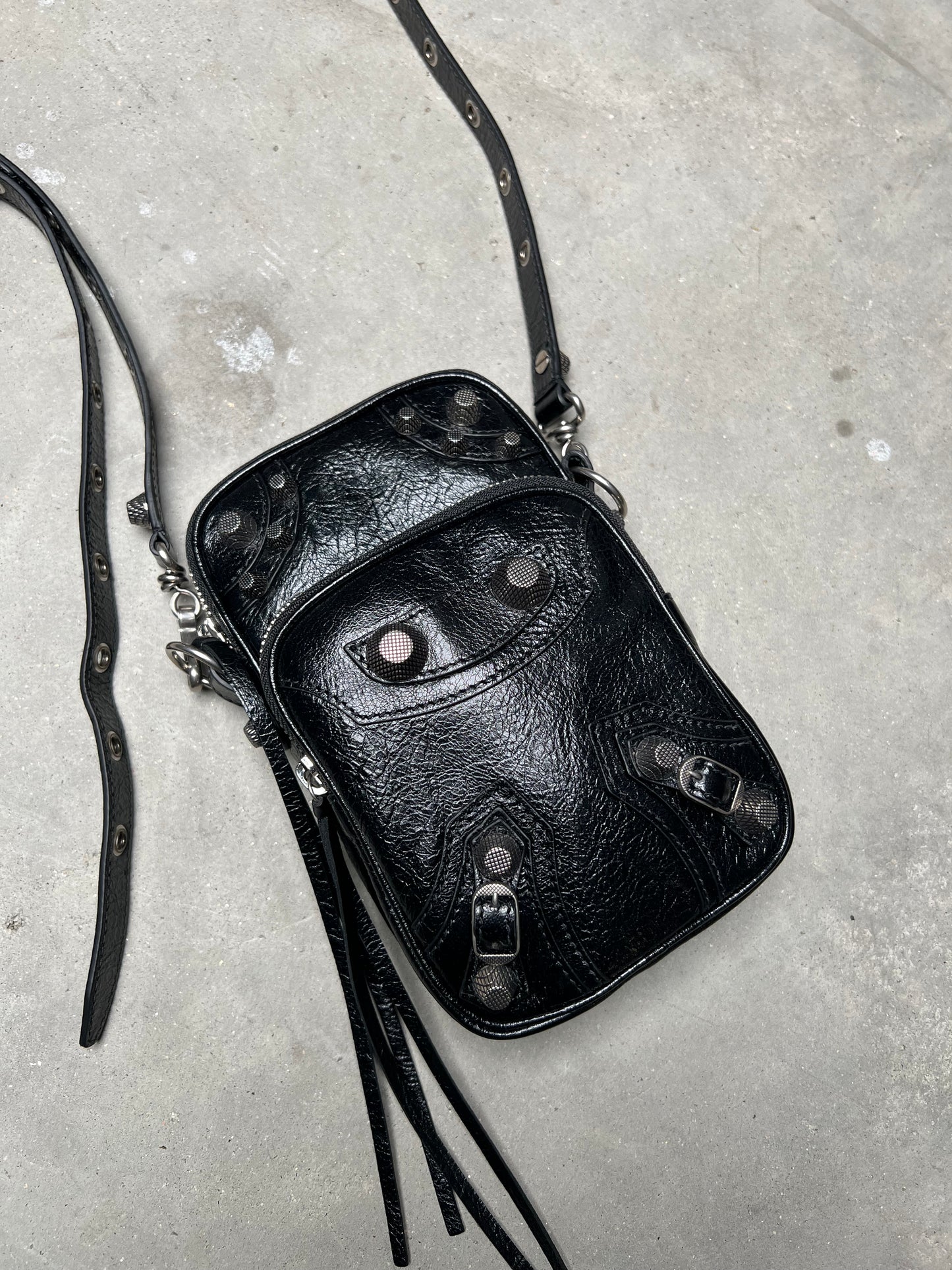 Balenciaga Le Cagole Leather Phone Holder Shoulder Bag Black