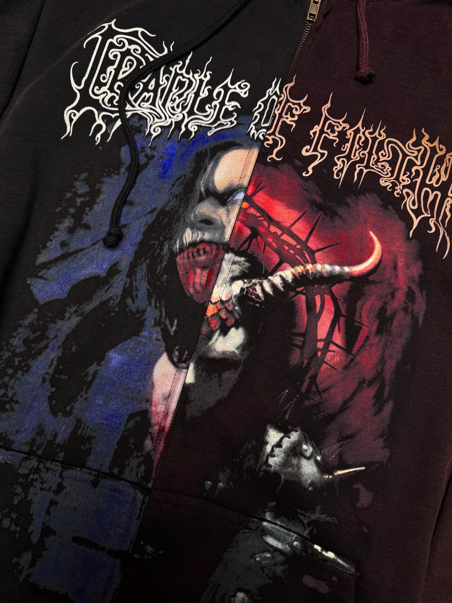 VETEMENTS Cradle Of Filth Split Hoodie Burgundy Black