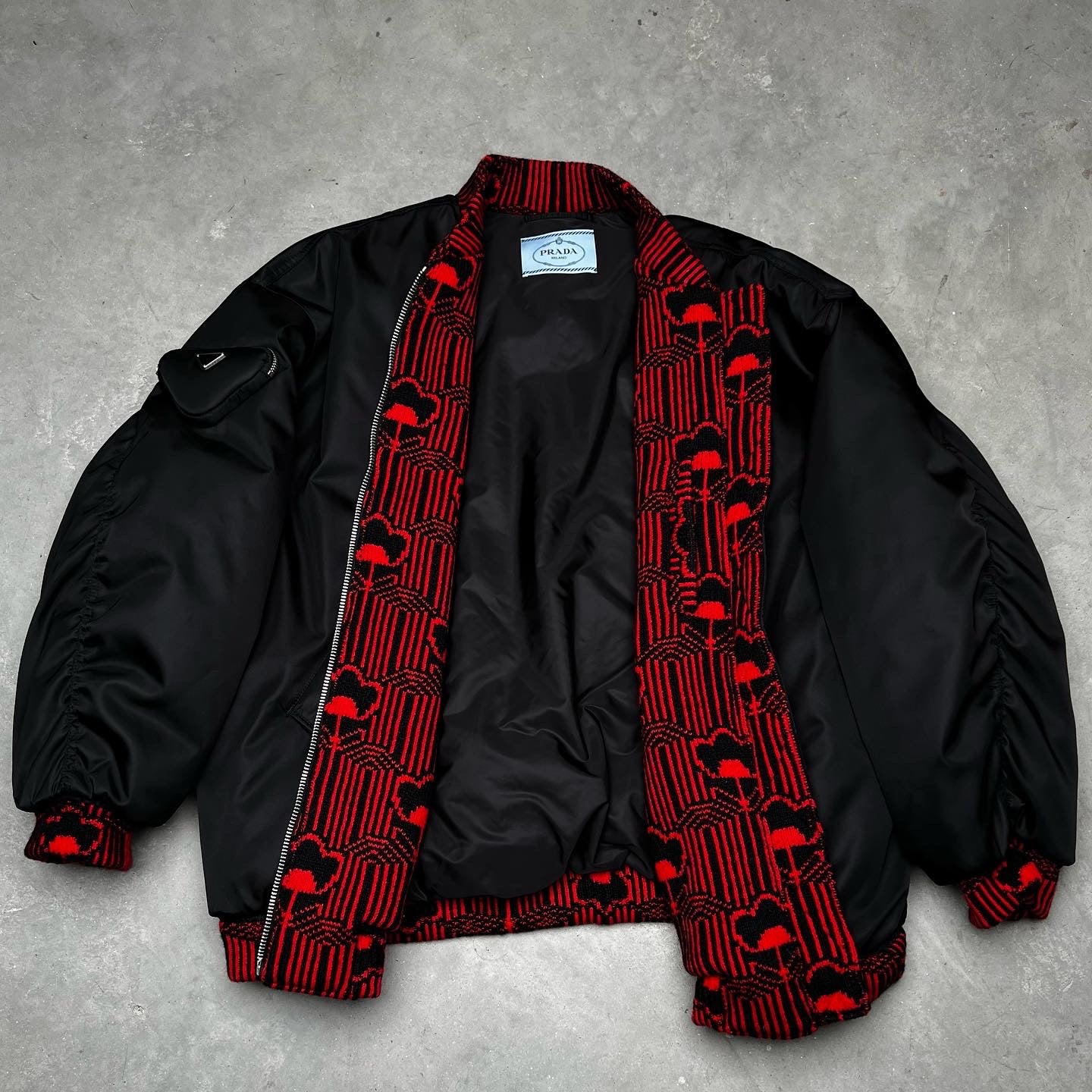 Prada FW21 Raf Simons Runway Re-Nylon Wool Knit Oversized Bomber Jacket Black Red