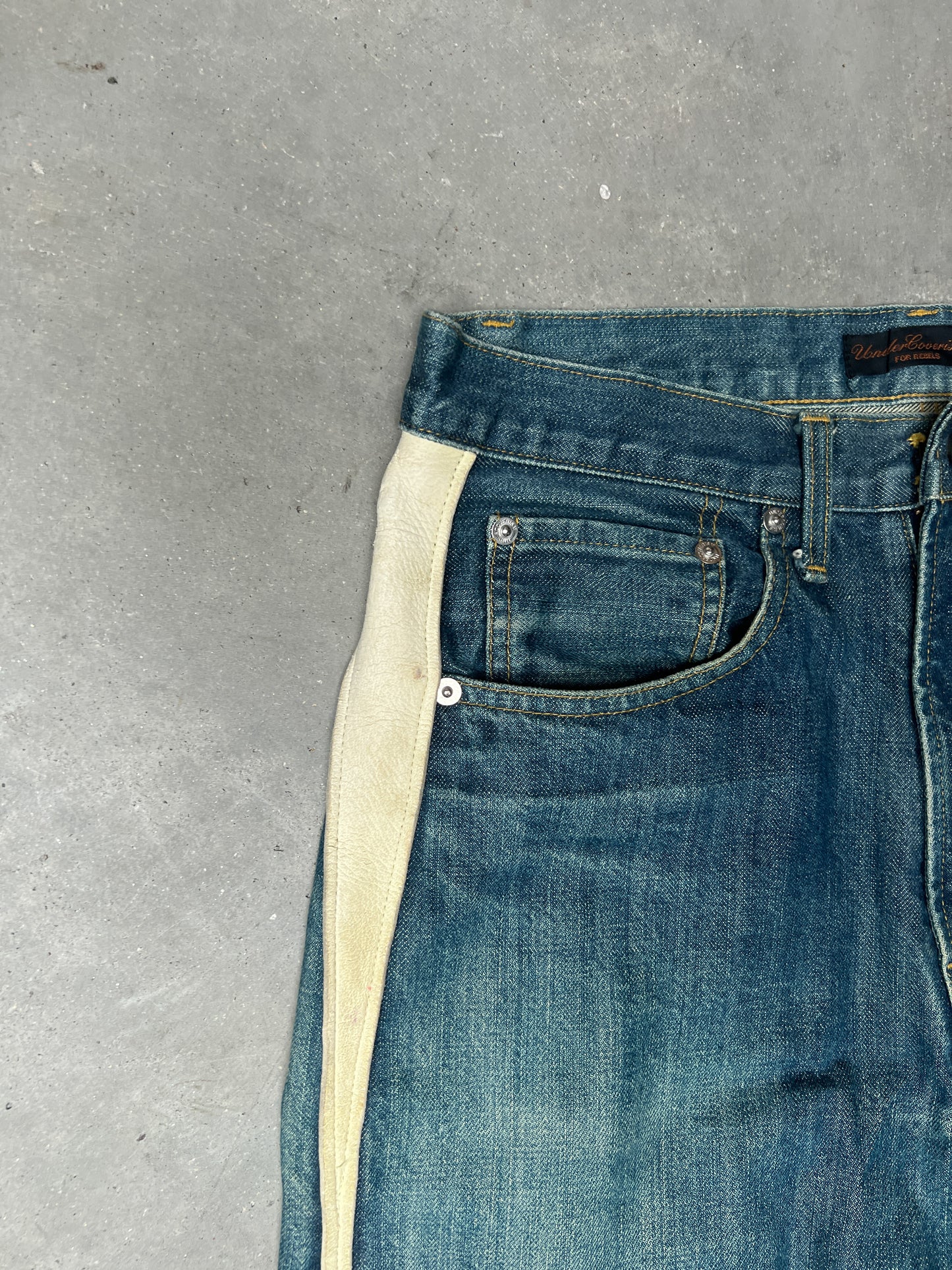 Undercover x Fragment AW02 Leather Side Stripe Denim Jeans