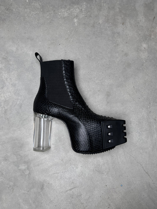 Rick Owens FW22 STROBE Beatle Platform Kiss Heel Boots Black Python