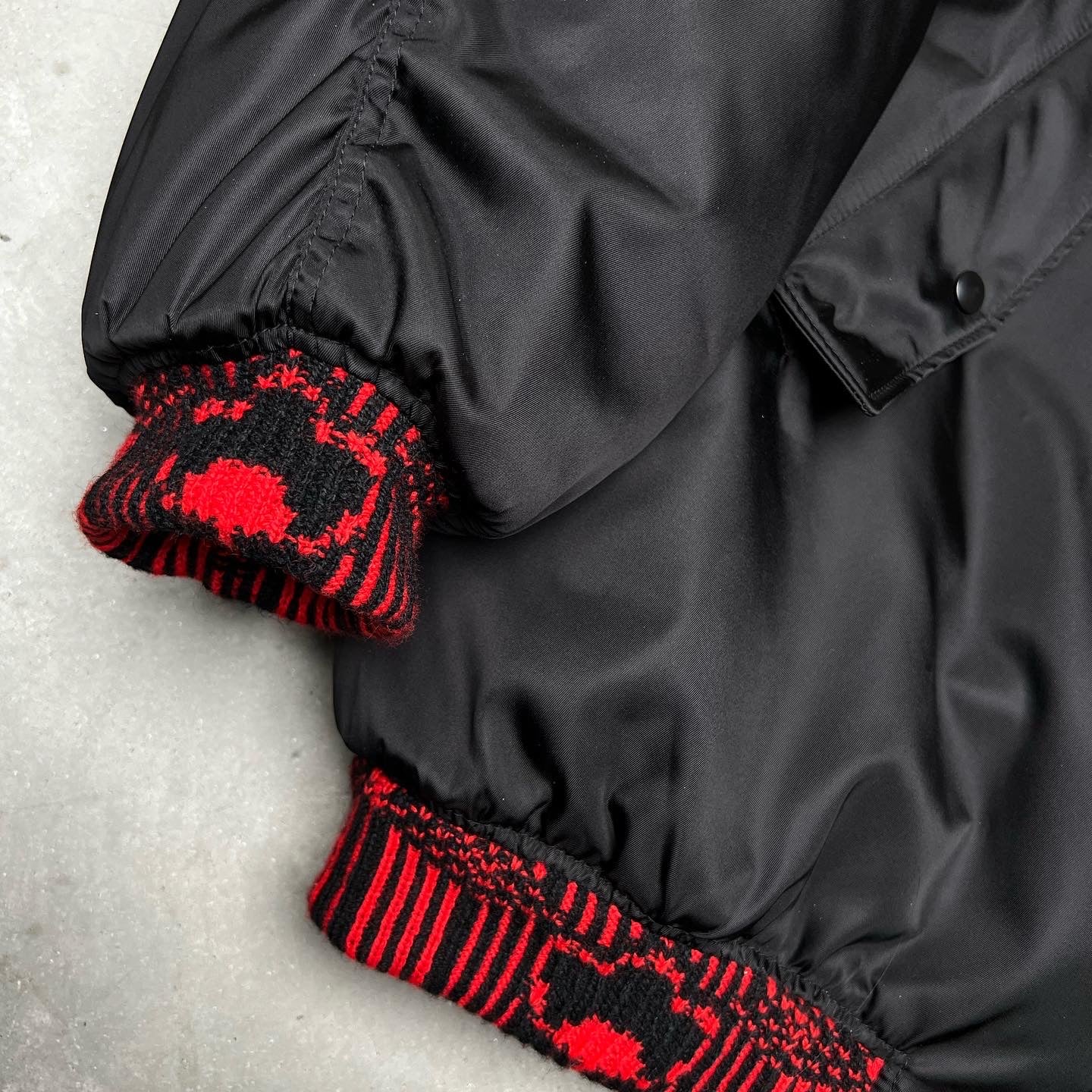 Prada FW21 Raf Simons Runway Re-Nylon Wool Knit Oversized Bomber Jacket Black Red