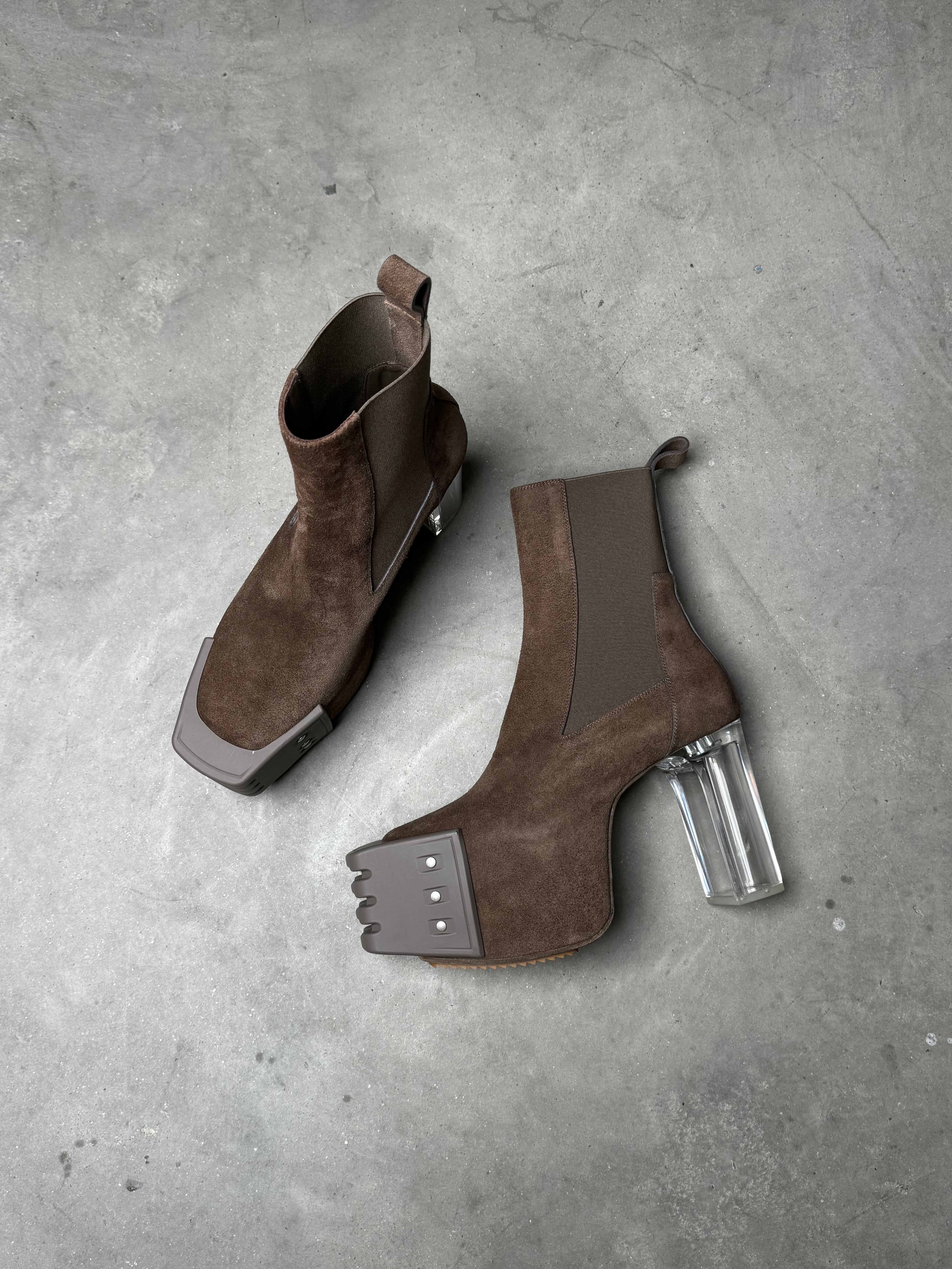 Rick Owens Kiss Heel Boots Dust Brown Suede – ARCHIVE A