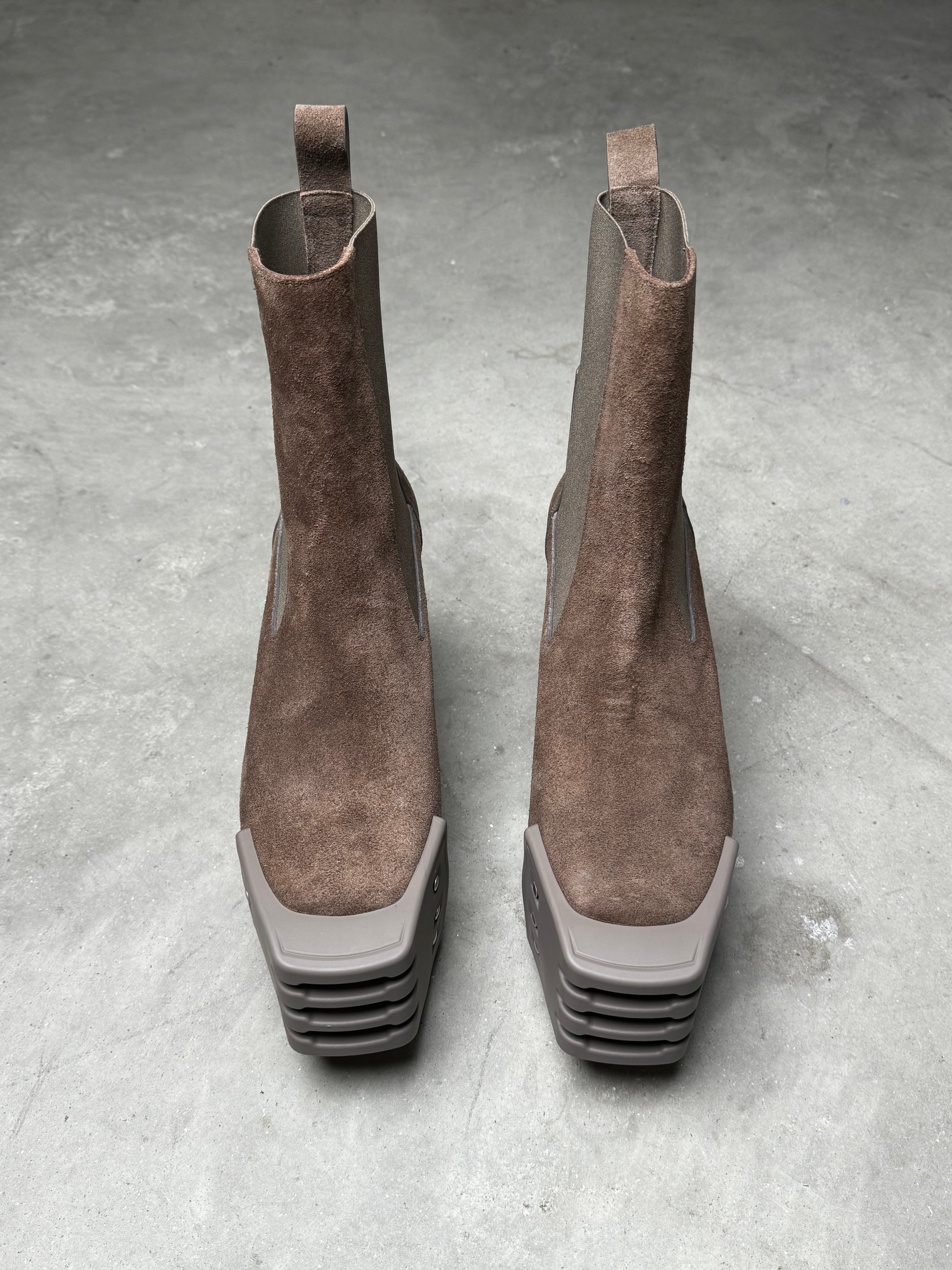 Rick Owens Kiss Heel Boots Dust Brown Suede – ARCHIVE A Rick Owens Kiss Heel Boots Dust Brown Suede – ARCHIVE A