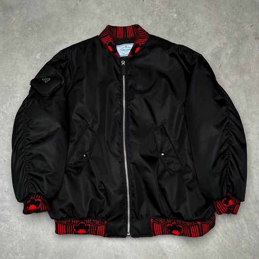 Prada FW21 Raf Simons Runway Re-Nylon Wool Knit Oversized Bomber Jacket Black Red